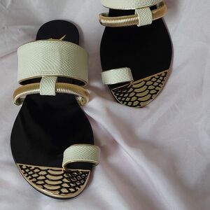 LFL L-Dash White/Gold Embellished Flat Sandals ~Like New Sz 6